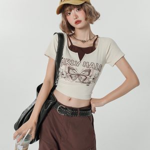 Girly Round Neck Short Sleeve T-Shirt for Women - Summer Slim Fit Fake Two-Piece Top, Casual Style
