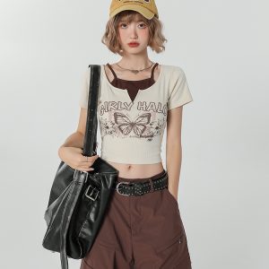 Girly Round Neck Short Sleeve T-Shirt for Women - Summer Slim Fit Fake Two-Piece Top, Casual Style
