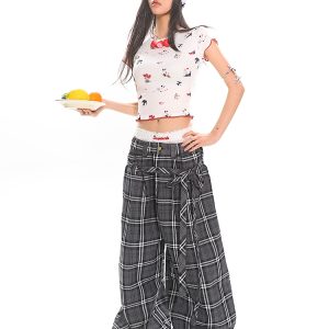 Glen Gray Vintage Oversized Checkered Wide-Leg Pants with Flowing Straps for Women - Summer Y2K Style Fashion