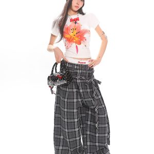 Glen Gray Vintage Oversized Checkered Wide-Leg Pants with Flowing Straps for Women - Summer Y2K Style Fashion