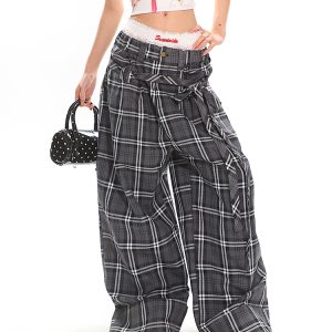 Glen Gray Vintage Oversized Checkered Wide-Leg Pants with Flowing Straps for Women - Summer Y2K Style Fashion