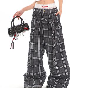 Glen Gray Vintage Oversized Checkered Wide-Leg Pants with Flowing Straps for Women - Summer Y2K Style Fashion