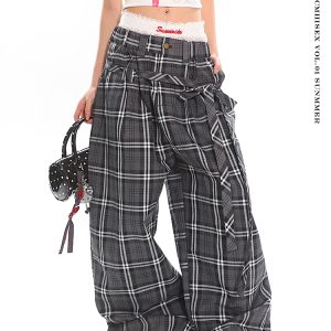 Glen Gray Vintage Oversized Checkered Wide-Leg Pants with Flowing Straps for Women - Summer Y2K Style Fashion