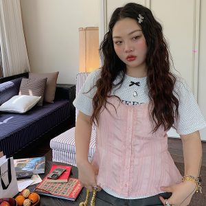 Gold Big Bow Polka Dot Short Sleeve T-Shirt for Women - Summer 2025 Unique Age-Reducing Top for Plus Size Fashion