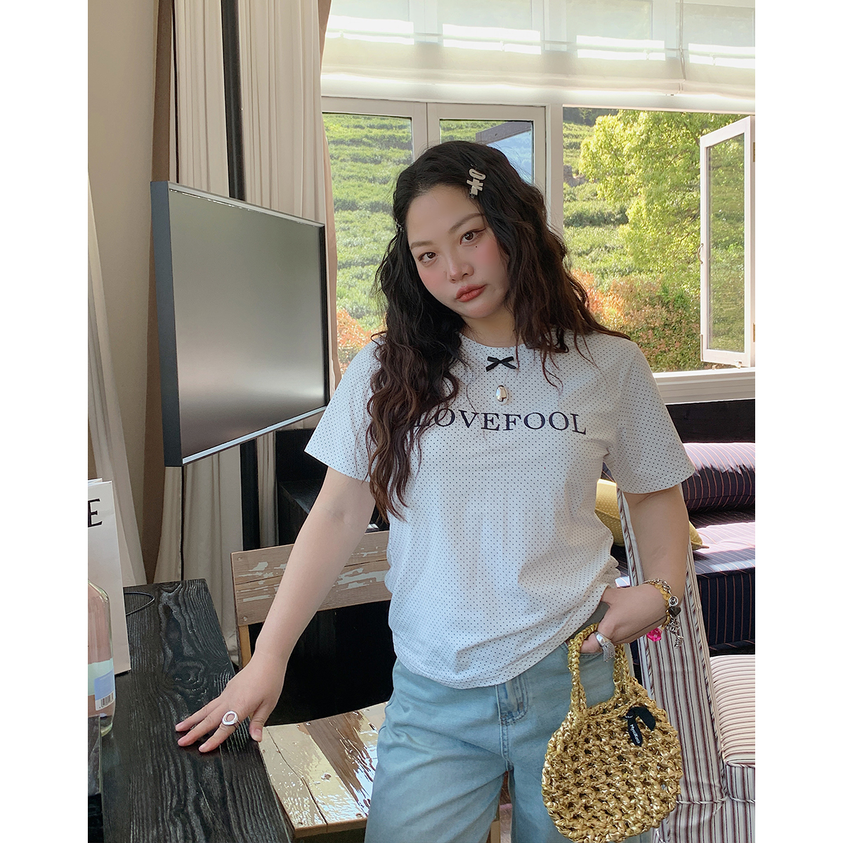 Gold Big Bow Polka Dot Short Sleeve T-Shirt for Women - Summer 2025 Unique Age-Reducing Top for Plus Size Fashion