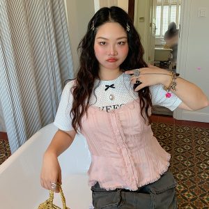 Gold Big Bow Polka Dot Short Sleeve T-Shirt for Women - Summer 2025 Unique Age-Reducing Top for Plus Size Fashion