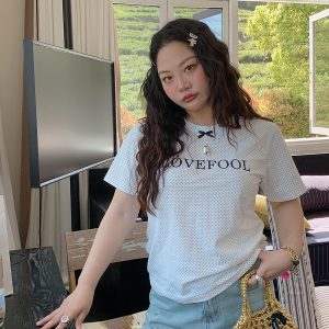 Gold Big Bow Polka Dot Short Sleeve T-Shirt for Women - Summer 2025 Unique Age-Reducing Top for Plus Size Fashion