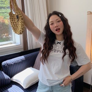 Gold Big Bow Polka Dot Short Sleeve T-Shirt for Women - Summer 2025 Unique Age-Reducing Top for Plus Size Fashion