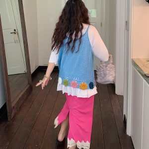 Gold Lace Splicing Slit Midi Skirt for Women, Plus Size 2025 Summer Fashion, Slimming Belly Coverage, Trendy Big Support Design