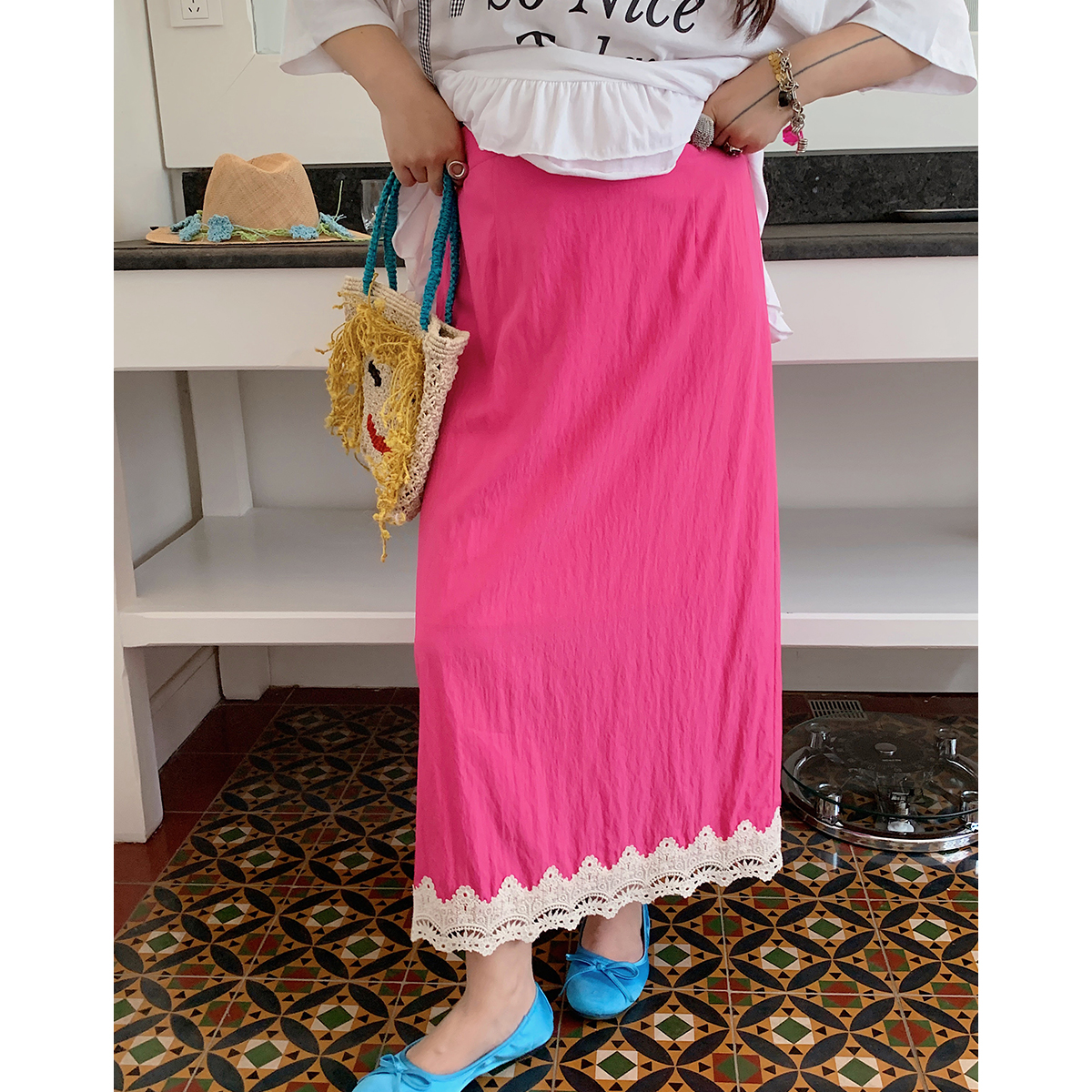 Gold Lace Splicing Slit Midi Skirt for Women, Plus Size 2025 Summer Fashion, Slimming Belly Coverage, Trendy Big Support Design