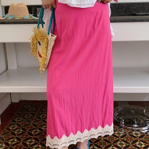 Gold Lace Splicing Slit Midi Skirt for Women, Plus Size 2025 Summer Fashion, Slimming Belly Coverage, Trendy Big Support Design