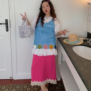 Gold Lace Splicing Slit Midi Skirt for Women, Plus Size 2025 Summer Fashion, Slimming Belly Coverage, Trendy Big Support Design