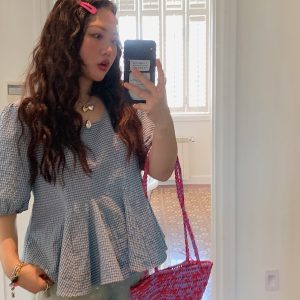 Gold Plaid Waist-Cinching Short Sleeve Shirt for Women - Summer 2025 Light Luxury Chic Top, Perfect for Y2K and Korean Style Fashion.