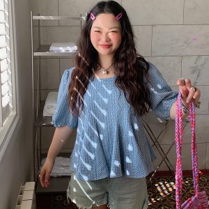 Gold Plaid Waist-Cinching Short Sleeve Shirt for Women - Summer 2025 Light Luxury Chic Top, Perfect for Y2K and Korean Style Fashion.