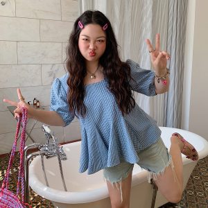 Gold Plaid Waist-Cinching Short Sleeve Shirt for Women - Summer 2025 Light Luxury Chic Top, Perfect for Y2K and Korean Style Fashion.