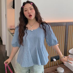 Gold Plaid Waist-Cinching Short Sleeve Shirt for Women - Summer 2025 Light Luxury Chic Top, Perfect for Y2K and Korean Style Fashion.