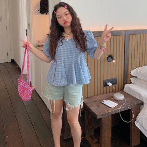 Gold Plaid Waist-Cinching Short Sleeve Shirt for Women - Summer 2025 Light Luxury Chic Top, Perfect for Y2K and Korean Style Fashion.