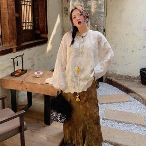 Gold Satin Fishtail Half Skirt for Women - Plus Size Retro Chinese Style National Wind 2025 Fashion