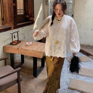 Gold Satin Fishtail Half Skirt for Women - Plus Size Retro Chinese Style National Wind 2025 Fashion