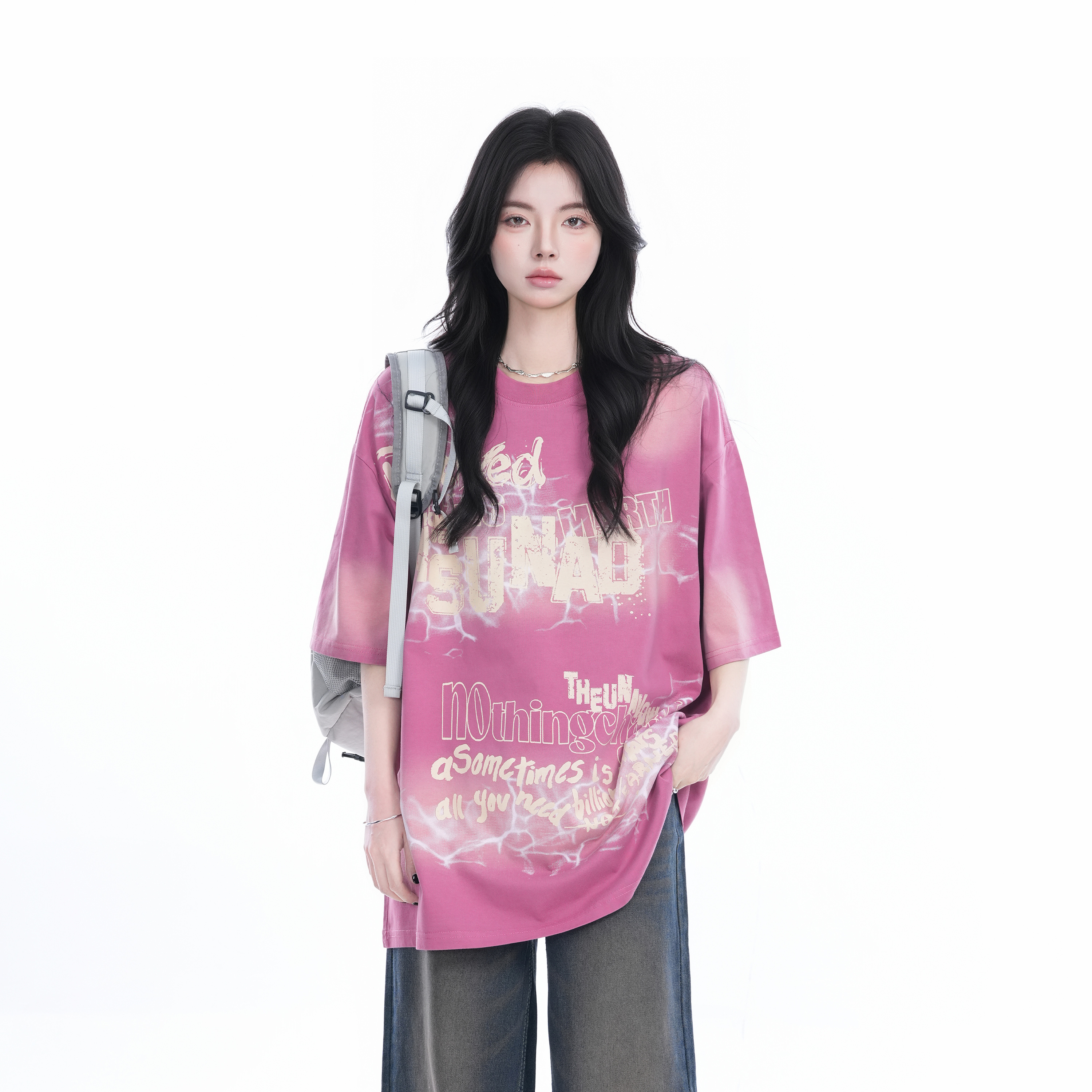 Gradient Pink Oversized Short Sleeve T-Shirt for Women - Trendy American High Street Style with "Sit and Eat Until the Mountains Are Empty" Design