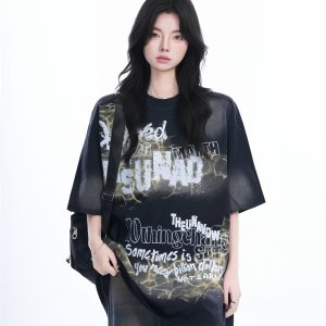 Gradient Pink Oversized Short Sleeve T-Shirt for Women - Trendy American High Street Style with 