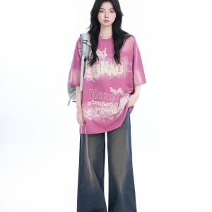Gradient Pink Oversized Short Sleeve T-Shirt for Women - Trendy American High Street Style with 