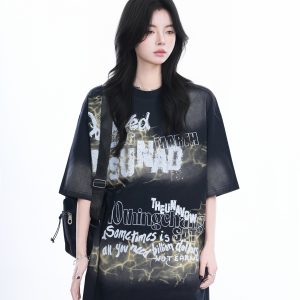 Gradient Pink Oversized Short Sleeve T-Shirt for Women - Trendy American High Street Style with 