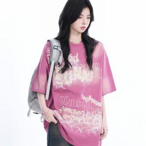 Gradient Pink Oversized Short Sleeve T-Shirt for Women - Trendy American High Street Style with 