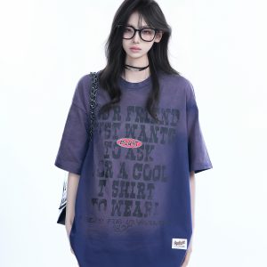 Gradient Purple Oversized Short Sleeve T-Shirt for Women - American Street Style, Trendy Loose Fit, Casual Y2K Fashion Top