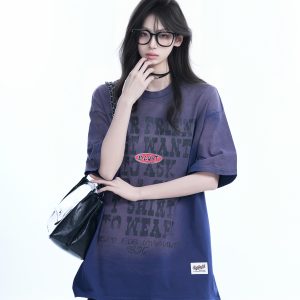 Gradient Purple Oversized Short Sleeve T-Shirt for Women - American Street Style, Trendy Loose Fit, Casual Y2K Fashion Top