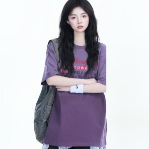 Gradient Round Neck Short Sleeve T-Shirt for Women - American Street Style, Casual Loose Fit, Summer 2023 Fashion