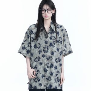 Graffiti Black Rose Short Sleeve Shirt for Women - Loose Lightweight Urban Style Top