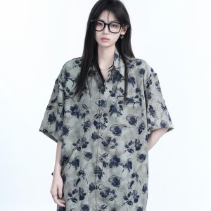 Graffiti Black Rose Short Sleeve Shirt for Women - Loose Lightweight Urban Style Top