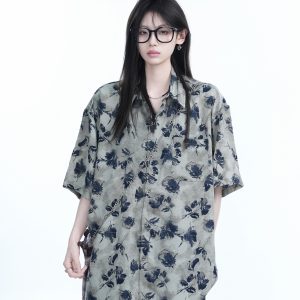 Graffiti Black Rose Short Sleeve Shirt for Women - Loose Lightweight Urban Style Top