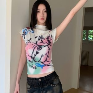 Graffiti Cat Short Sleeve T-Shirt - Textured Knit, Slim Fit, Niche Design, 2024 Early Spring Collection, Trendy Street Style
