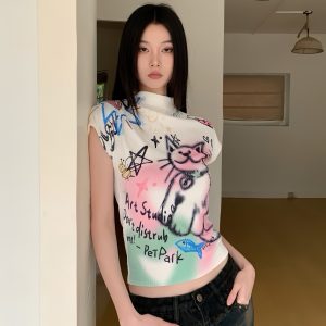 Graffiti Cat Short Sleeve T-Shirt - Textured Knit, Slim Fit, Niche Design, 2024 Early Spring Collection, Trendy Street Style