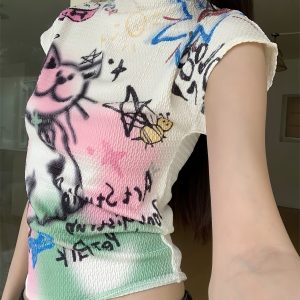 Graffiti Cat Short Sleeve T-Shirt - Textured Knit, Slim Fit, Niche Design, 2024 Early Spring Collection, Trendy Street Style