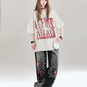 Graffiti Letter Oversized Short-Sleeve T-Shirt for Women - Summer 2025 American High Street Loose Fit