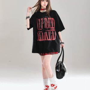 Graffiti Letter Oversized Short-Sleeve T-Shirt for Women - Summer 2025 American High Street Loose Fit