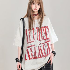 Graffiti Letter Oversized Short-Sleeve T-Shirt for Women - Summer 2025 American High Street Loose Fit