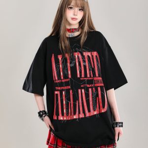 Graffiti Letter Oversized Short-Sleeve T-Shirt for Women - Summer 2025 American High Street Loose Fit