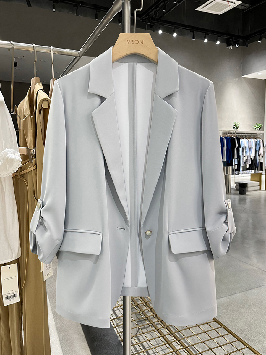 Gray-Blue Casual Minimalist Blazer for Women, Summer Lightweight Commuter Style, Unique 2025 Korean Fashion Design Gray-Blue Casual Minimalist Blazer for Women, Summer Lightweight Commuter Style, Unique 2025 Korean Fashion Design