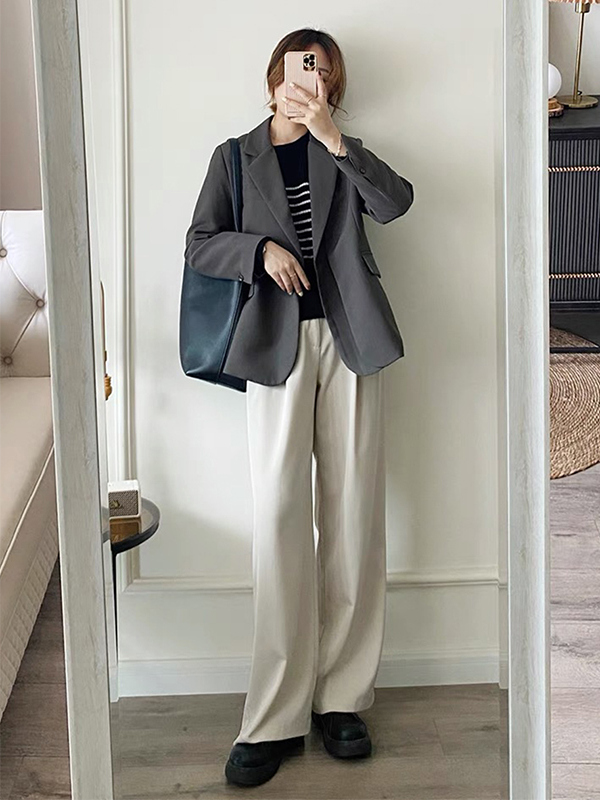 Gray Casual Blazer for Women, Petite Korean Style, Elegant High-Quality Suit for Early Autumn 2025 Fashion Gray Casual Blazer for Women, Petite Korean Style, Elegant High-Quality Suit for Early Autumn 2025 Fashion