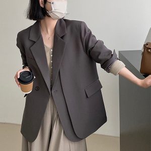 Gray Casual Blazer for Women, Petite Korean Style, Elegant High-Quality Suit for Early Autumn 2025 Fashion