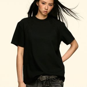 Gray Color-Block Round-Neck Short Sleeve T-Shirt for Women - American Style Summer Loose Fit Versatile Top, Flattering Design