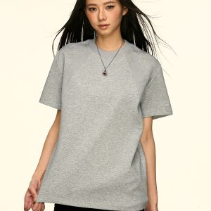 Gray Color-Block Round-Neck Short Sleeve T-Shirt for Women - American Style Summer Loose Fit Versatile Top, Flattering Design