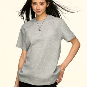 Gray Color-Block Round-Neck Short Sleeve T-Shirt for Women - American Style Summer Loose Fit Versatile Top, Flattering Design