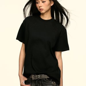 Gray Color-Block Round-Neck Short Sleeve T-Shirt for Women - American Style Summer Loose Fit Versatile Top, Flattering Design