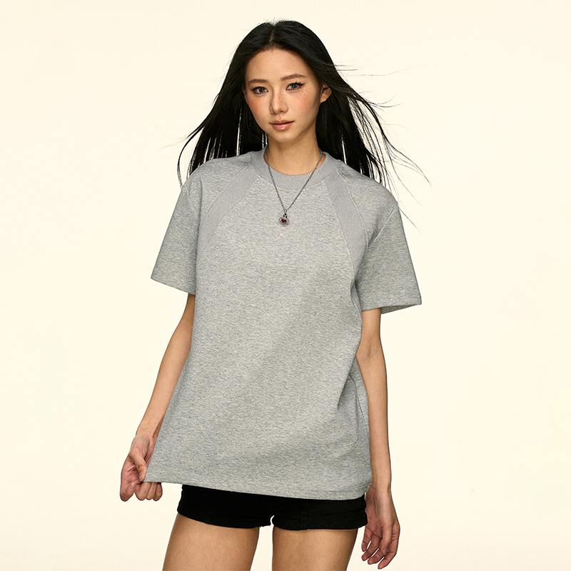 Gray Color-Block Round-Neck Short Sleeve T-Shirt for Women - American Style Summer Loose Fit Versatile Top, Flattering Design