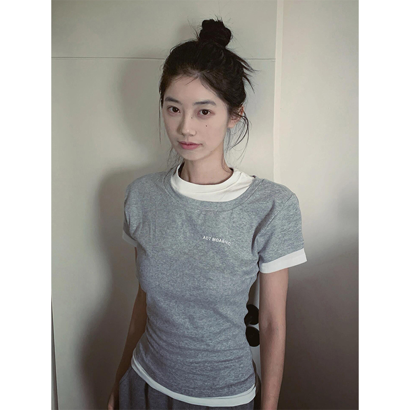 Gray Color-Blocked Short Sleeve Women's Fitted Slim T-Shirt - Vintage Sweet & Spicy Jazz Top - Trendy Summer Fashion